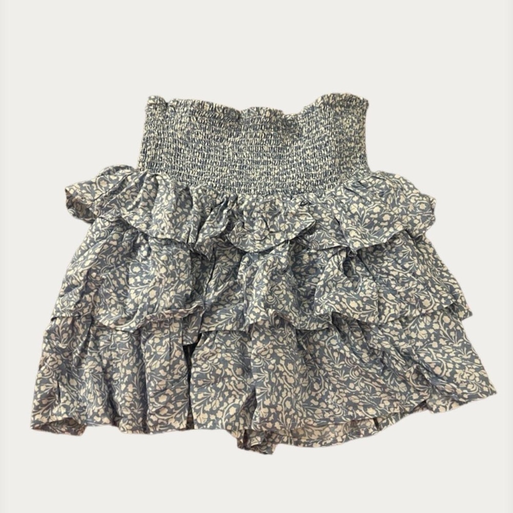 Miss Selfie Blue Floral Smocked Ruffle Mini Skirt XL Fits M